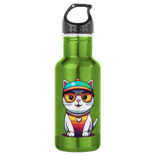 Botella De Agua Sentado Gato Con Gafas Y Gorra