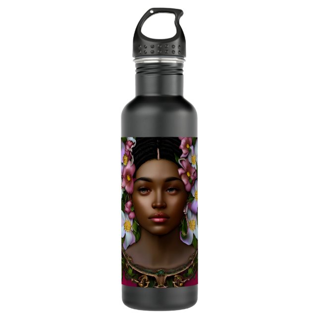 Botella De Agua Serene mujer afroamericana con flores (Anverso)