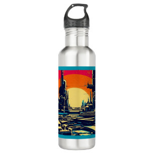Botella De Agua SF Futurista City Woodcut 1