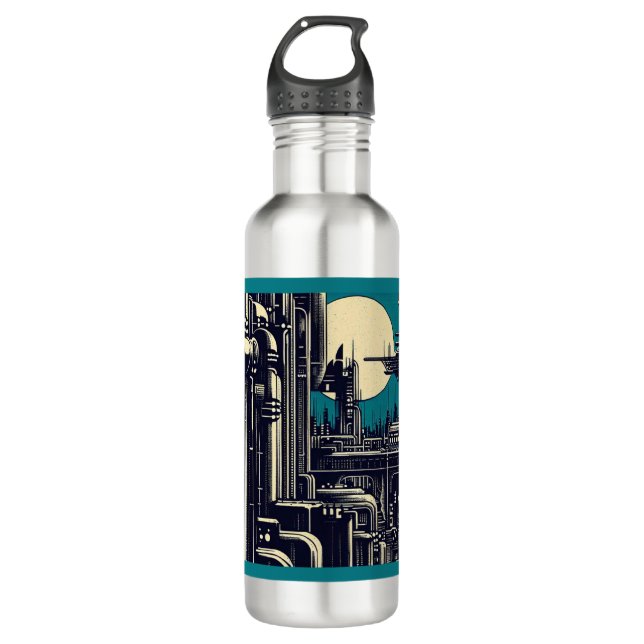 Botella De Agua SF Futurista City Woodcut 2 (Anverso)
