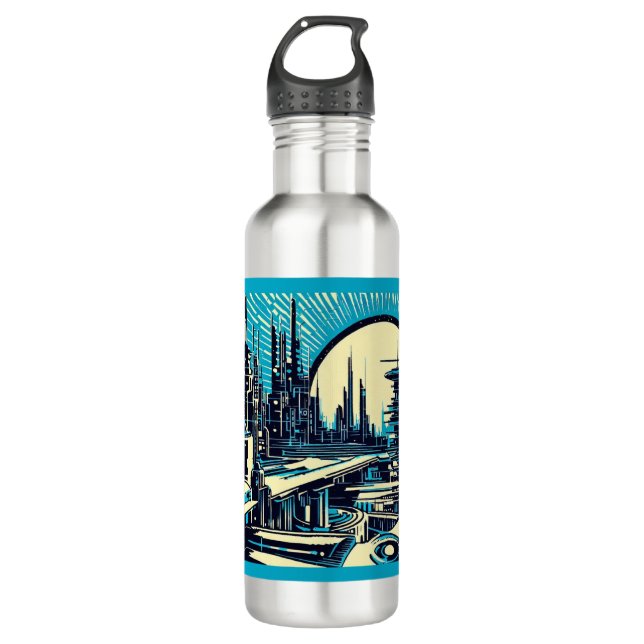 Botella De Agua SF Futurista City Woodcut 3 (Anverso)