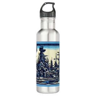 Botella De Agua SF Futurista City Woodcut 4