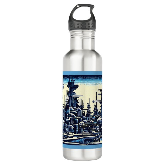 Botella De Agua SF Futurista City Woodcut 4 (Anverso)