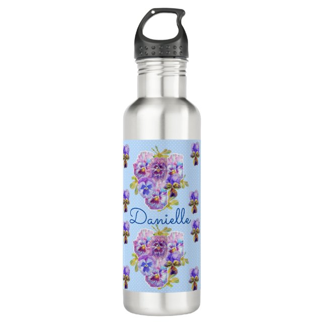 Botella De Agua Shabby Chic Blue Pansy Floral Polka Dot (Anverso)