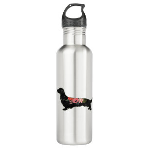 Botella De Agua Silhouette floral de cabello largo Dachshund Bohem