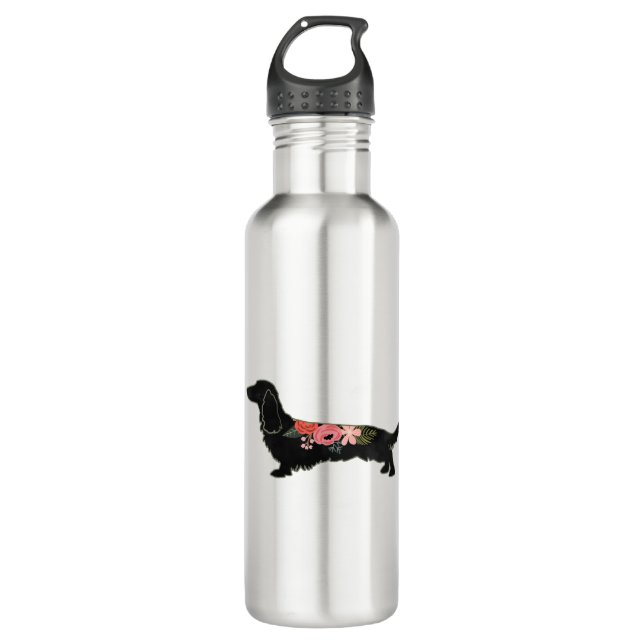 Botella De Agua Silhouette floral de cabello largo Dachshund Bohem (Anverso)
