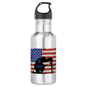 Botella De Agua Silueta de soldado arrodillado y bandera americana