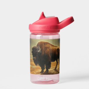 Botella De Agua Silueta del bisonte de búfalo al atardecer