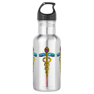 BOTELLA DE AGUA SÍMBOLO MÉDICO CADUCEO DE ORO