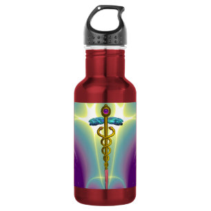 BOTELLA DE AGUA SÍMBOLO MÉDICO CADUCEO DE ORO