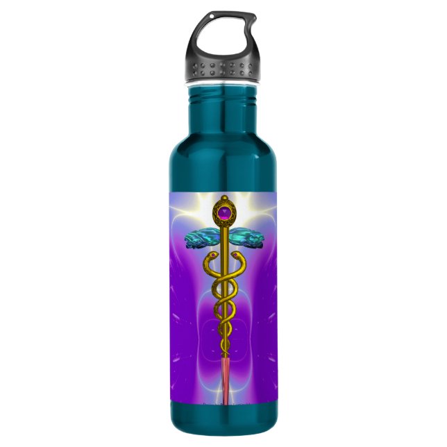 Botella De Agua SÍMBOLO MÉDICO CADUCEUS DE ORO Púrpura Ultra Viole (Anverso)