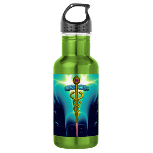 Botella De Agua SÍMBOLO MÉDICO CADUCEUS ORO Aqua Olas de luz azul