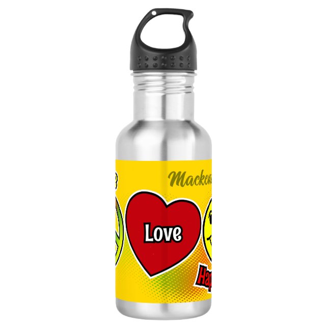Botella De Agua Símbolos de paz amor felicidad con nombre en AMARI (Anverso)