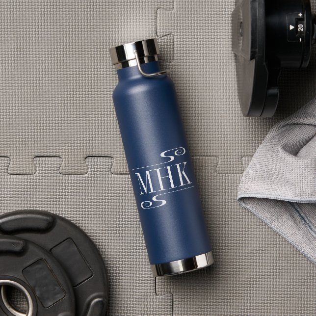 Botella De Agua Simple Swirls Monograma Iniciales Blanco (Gimnasio (girado))