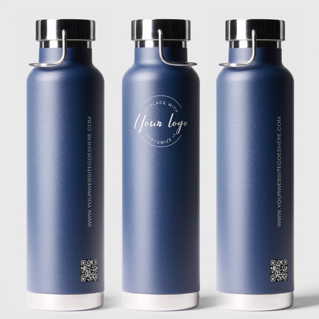 Botella De Agua Sitio web del código QR del Personalizado del logo (Customizable logo, QR code and website on Navy water bottle business promotional merchandise. )