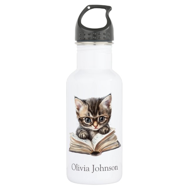 Botella De Agua Smart Kitten with Glasses Custom Name (Anverso)