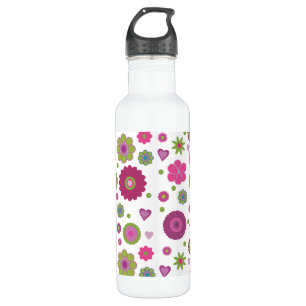 Botella De Agua Snazzy Purple y Green Flower Pattern en blanco