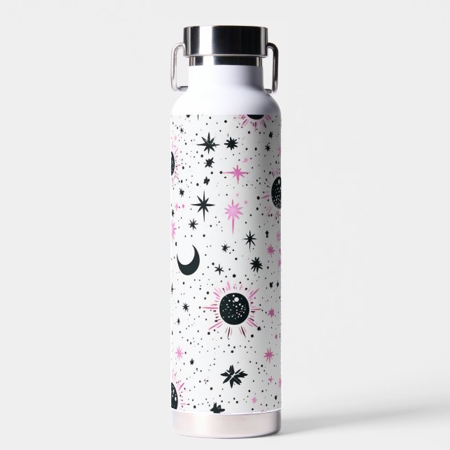 Botella De Agua Sol Luna Estrellas Celestiales Negro y Rosa (Delantero)