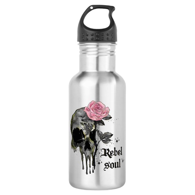 Botella De Agua Soul Rebel - Calavera gótica con rosa rosado (Anverso)