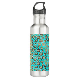 Botella De Agua Sparkly Purpurinoso de Leopardo Turquesa