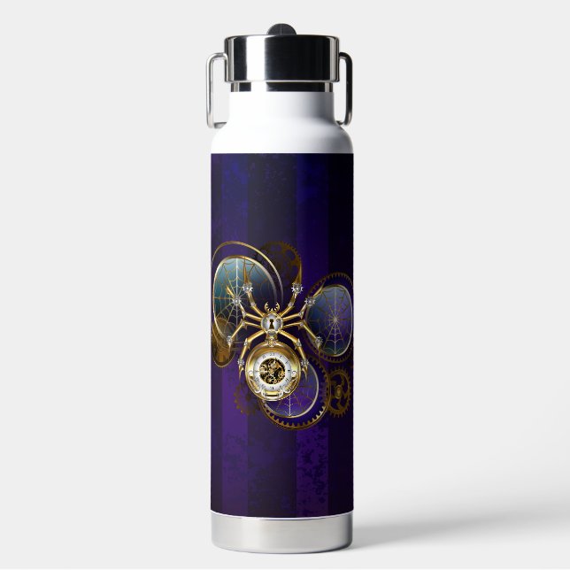 Botella De Agua Spider Steampunk sobre fondo morado (Frente)
