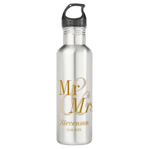 Botella De Agua Sr. y Sra. Gold Script Boda Gift