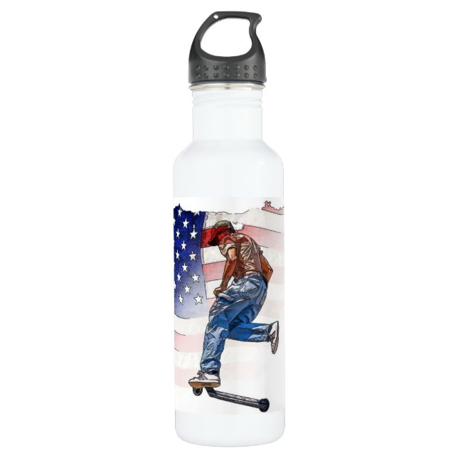 Botella De Agua Stunt Scooter Rider y la bandera de los Estados Un (Anverso)