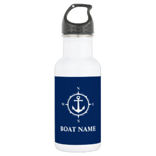 Botella De Agua Su nombre de barco Anclaje de brújula azul blanco