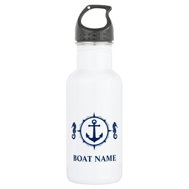 Botella De Agua Su nombre de barco azul caballete de mar blanco (Anverso)