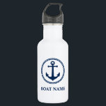 Botella De Agua Su nombre de barco azul marino Anchor blanco<br><div class="desc">Su nombre de barco Blue Sea Anchor Botella de Agua Blanca</div>