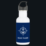 Botella De Agua Su nombre de barco Compass Anchor Azul Blanco<br><div class="desc">Nombre del barco Compass Anchor Botella de agua blanca azul</div>