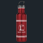 Botella De Agua Su nombre de barco Lighthouse blanco rayado rojo<br><div class="desc">Su nombre personalizado,  nombre del barco o texto con un faro náutico en una botella de agua de acero inoxidable roja a rayas.</div>