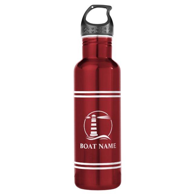 Botella De Agua Su nombre de barco Lighthouse blanco rayado rojo (Anverso)