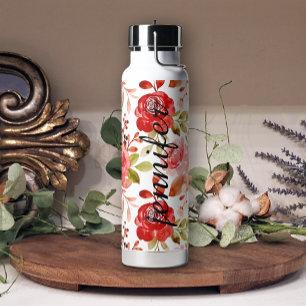 Botella De Agua Suave Red Rubor Bonito Floral Añadir nombre