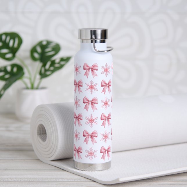 Botella de agua suave rosa con lazo y copos de nie (Yoga)