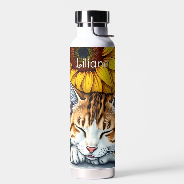 Botella De Agua Sweet Sleepy Kitty Cat and Sunflowers Personalized (Izquierdo)