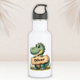 Botella De Agua T-Rex juguetón con letrero de nombre de piedra
