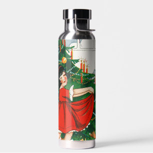 Botella De Agua Tarjeta postal retro de Navidad, niño y árbol de N