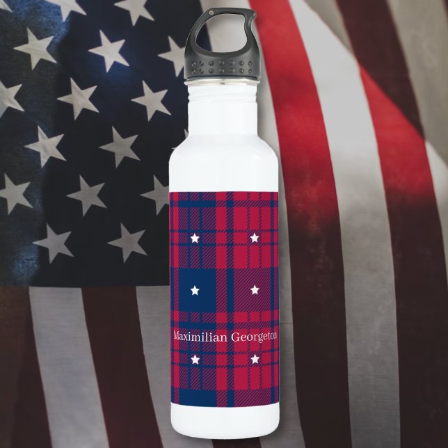 Botella De Agua Tartán - Patriótico - Estrellas blancas rojas (Tartan - Patriotic - Red Blue White Stars Stainless Steel Water Bottle by Leapfroglisics Shop)