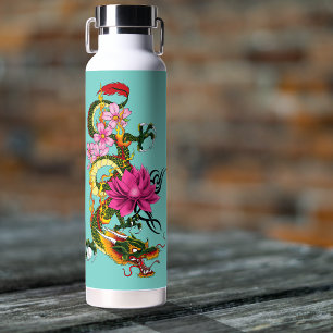 Botella De Agua Tatuaje de Dragón Chino Verde con Loto Azul Turque