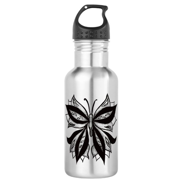 Botella De Agua Tatuaje Tribal Blanco Y Negro De Mariposa (Anverso)