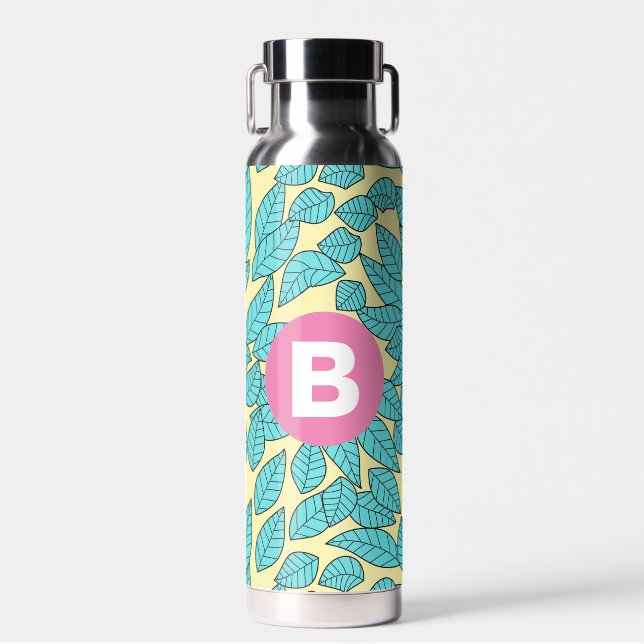 Botella De Agua Teal Leaves Botanical Pattern Bright Pink Monogram (Delantero)