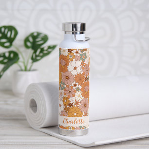 Botella De Agua Terracota Retro Boho Floral Nombre Personalizado