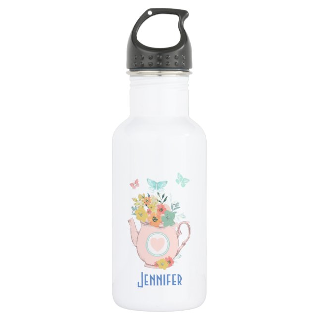 Botella De Agua Tetera rosa con flores y mariposas (Anverso)