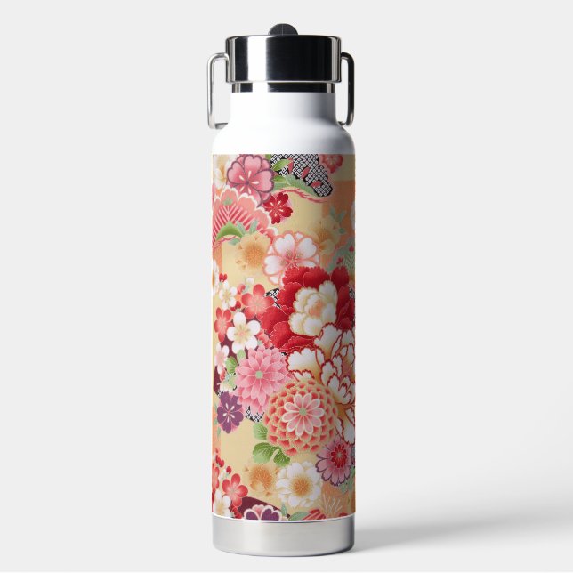 Botella De Agua Textil KIMONO Japonés, Patrón de Floretes (Frente)