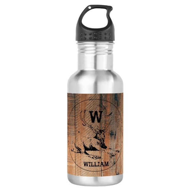 Botella De Agua Textura de madera rústica personalizada y monogram (Anverso)