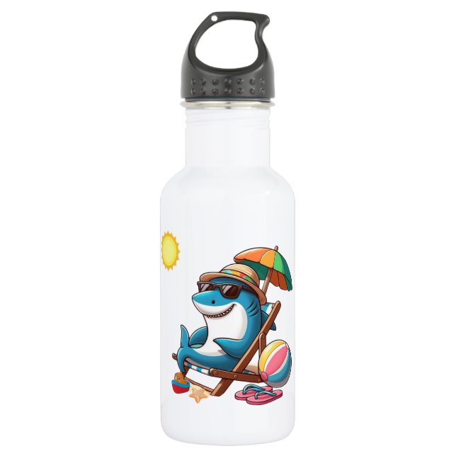 Botella De Agua Tiburón de dibujos animados en la playa (Anverso)