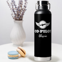 Botella De Agua Tipografía COPILOTO Moderna Avión, Negro y Blanco