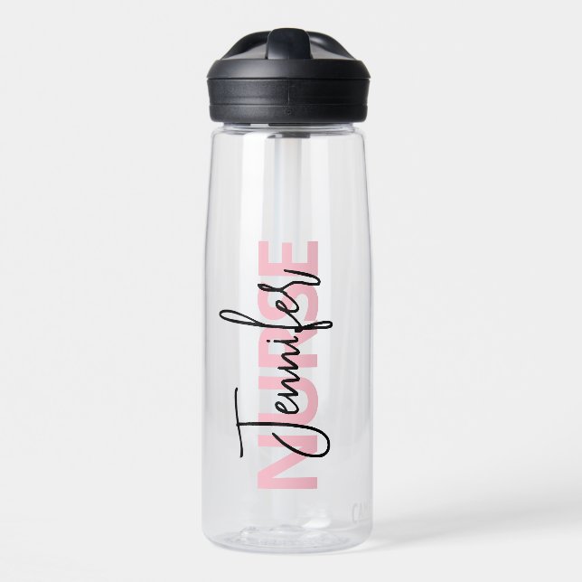 Botella De Agua Tipografía personalizada de enfermera rosa (Delante)