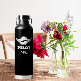 Botella De Agua Tipografía PILOTO Moderna Avión, Negro y Blanco